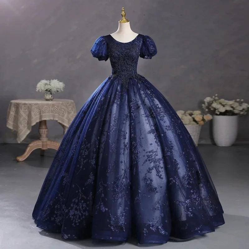 Maxy new Navy Blue Bubble Sleeve Dress, Student Art Exam Vocal Performance Dress, Fluffy Dress, Annual Meeting Host Evening Dress