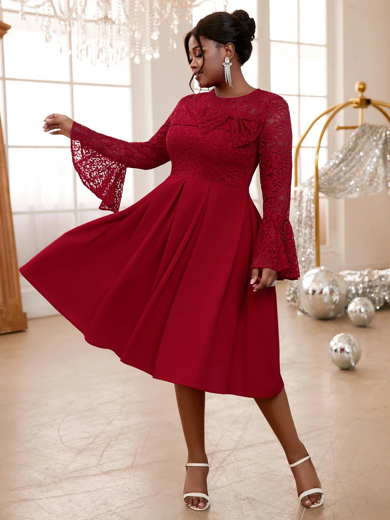 Amay Retro Lace Wedding Dress O-Collar Bow Horn Sleeve A-line Dress for Christmas Celebration Party Dresses Women's Wear