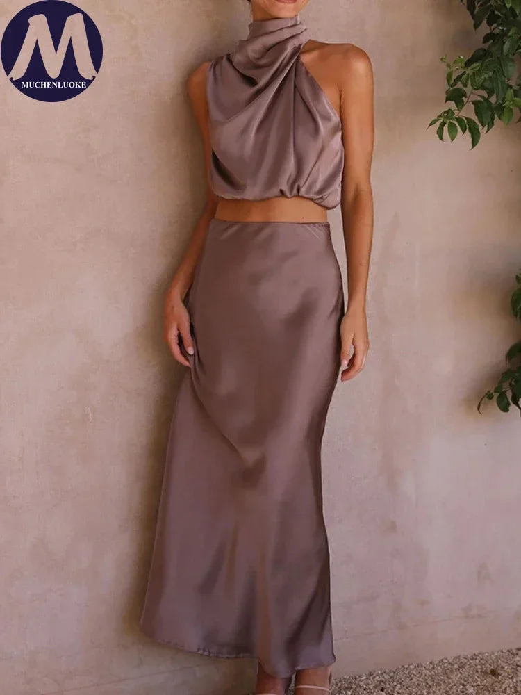 Maxy Women's Sleeveless Neck Hanging Tops Suits Slim Fit Evening Dress Sets Leisure Summer New Fashion 2 Pieces