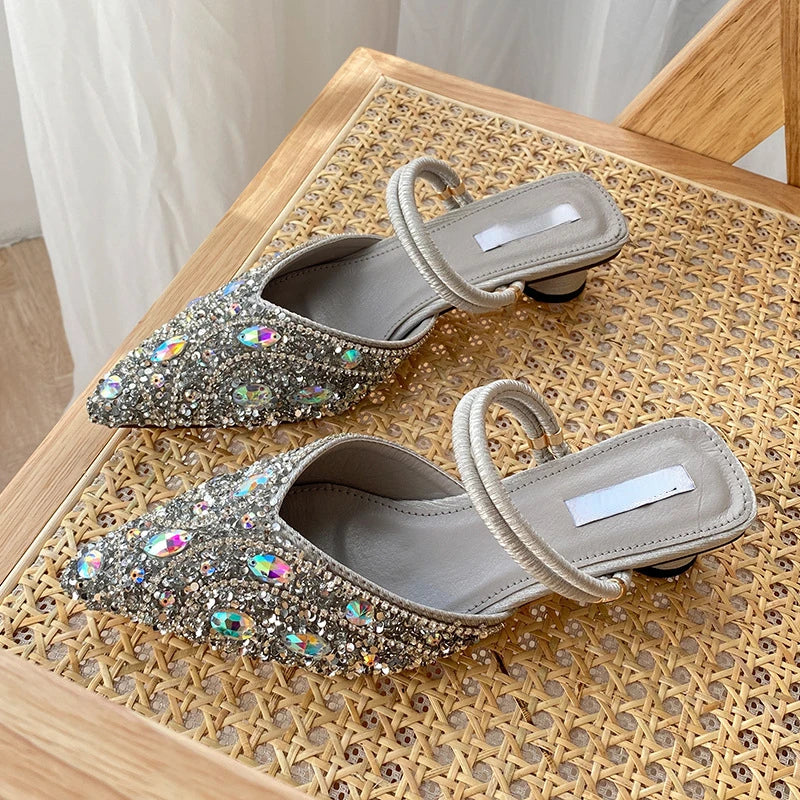 Babs Luxury Rhinestone Slippers Women Slingback Sandals Female Fashions Low Heel Flip-flops Shiny Pointed Toe Pumps Women Mule Shoes