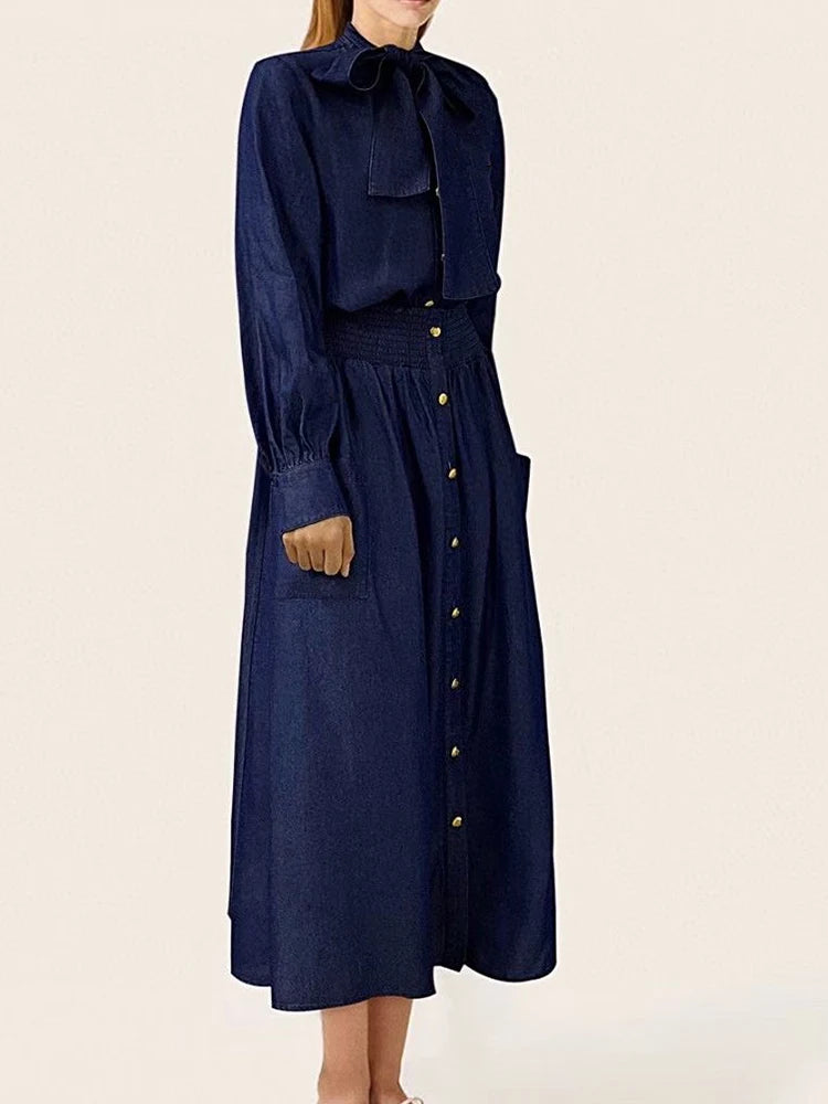 Maxy Retro autumn women's new blue denim bow collar long sleeve shirt+high waist pocket button skirt fashion suit