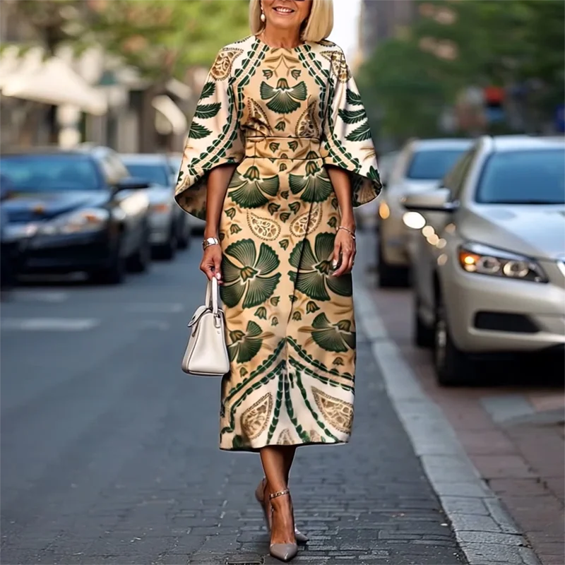 Maxy Bohemian Fashion Sheath Half Sleeve Dress Summer High Waist Pattern Print Vintage Dress Elegant Casual O Neck Evening Dress