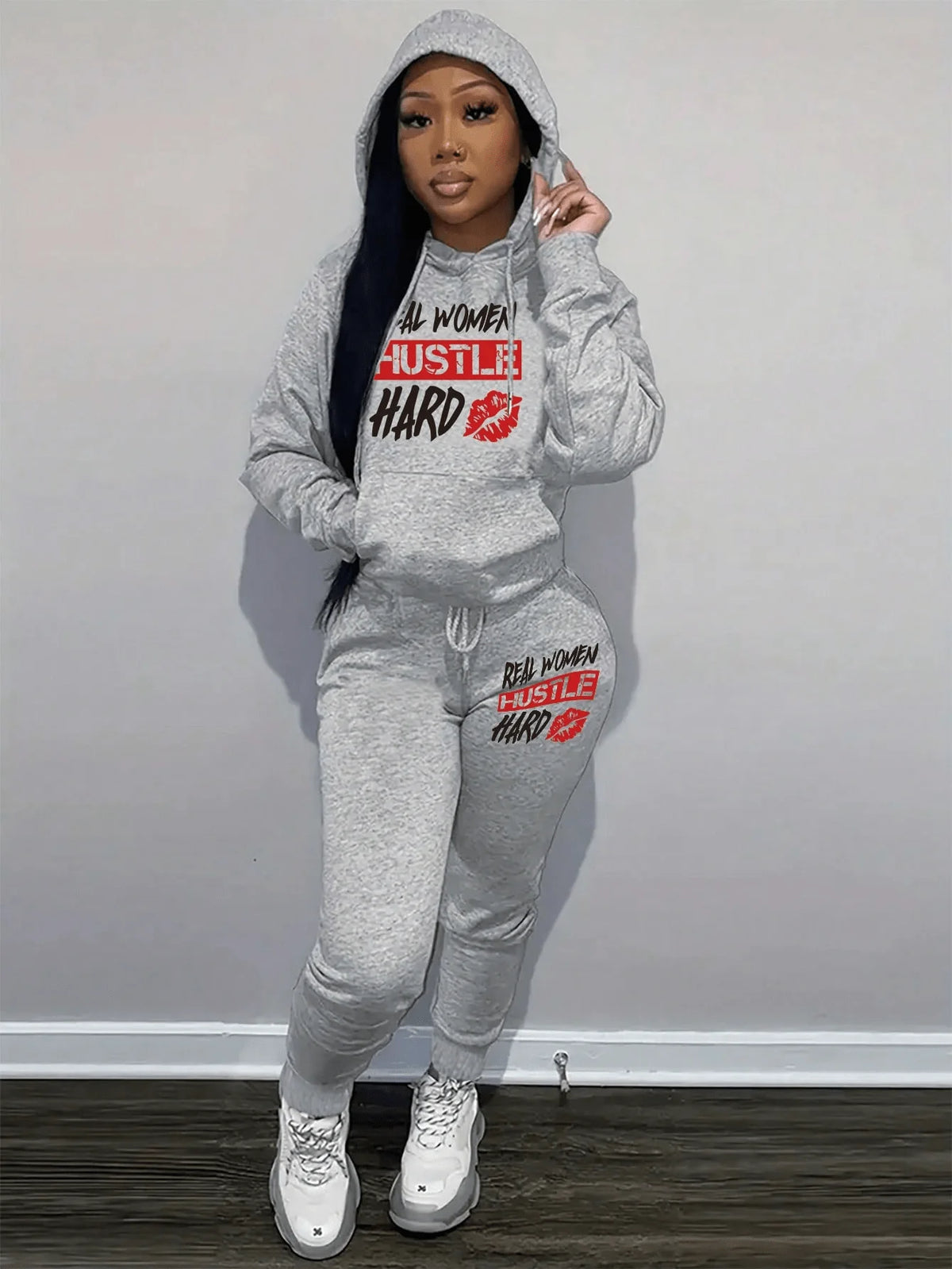 Maxy Real Women Hustle Hard Hoodie Sweatpants Set Gray Casual Sportswear