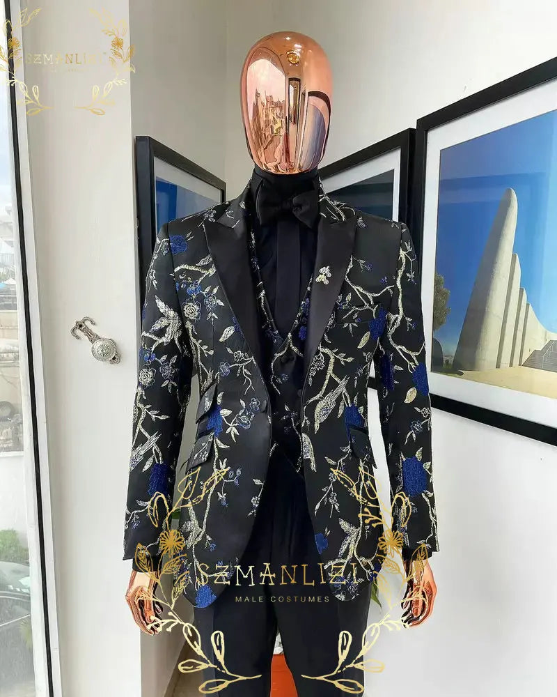 Visco Handsome Blue Gold Floral Rim Stage Men Suit Set Stand Collar Men's Suits (Jacket+pants+vest)