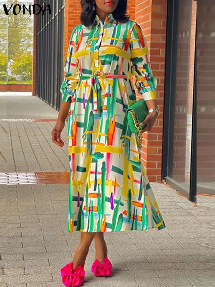 Maxy Plus Size 5XL Bohemian Long Sleeve Vintage Shirt Dress Women Stand Collar Printed Midi Vestido Casual Sundress Belted