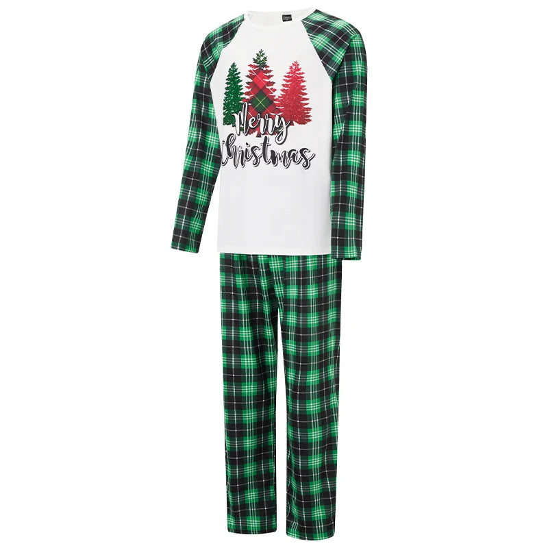 Maxy Christmas Matching Pajamas Christmas Tree Print Long Sleeve Shirt and Elastic Plaid Pants Set Loungewear Soft Sleepwear