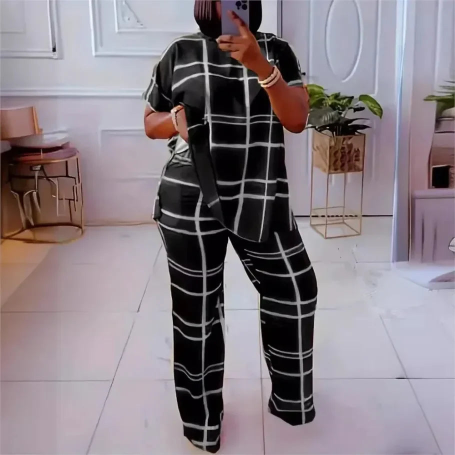 Maxy Plus Size Two Piece Outfits Women Loose Striped Short Sleeve Top Wide Leg Pants Set Tracksuits