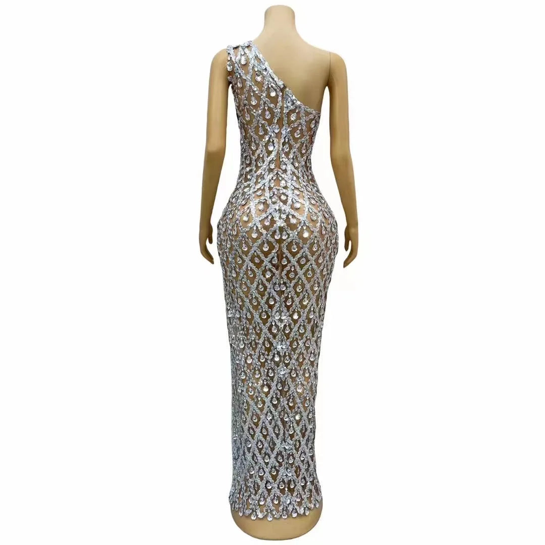 Amay Women Evening Wedding Sparkly Silver Sequins Rhinestones High Split Dress Elegant Celebrate Prom Gown Birthday Photograph Dress