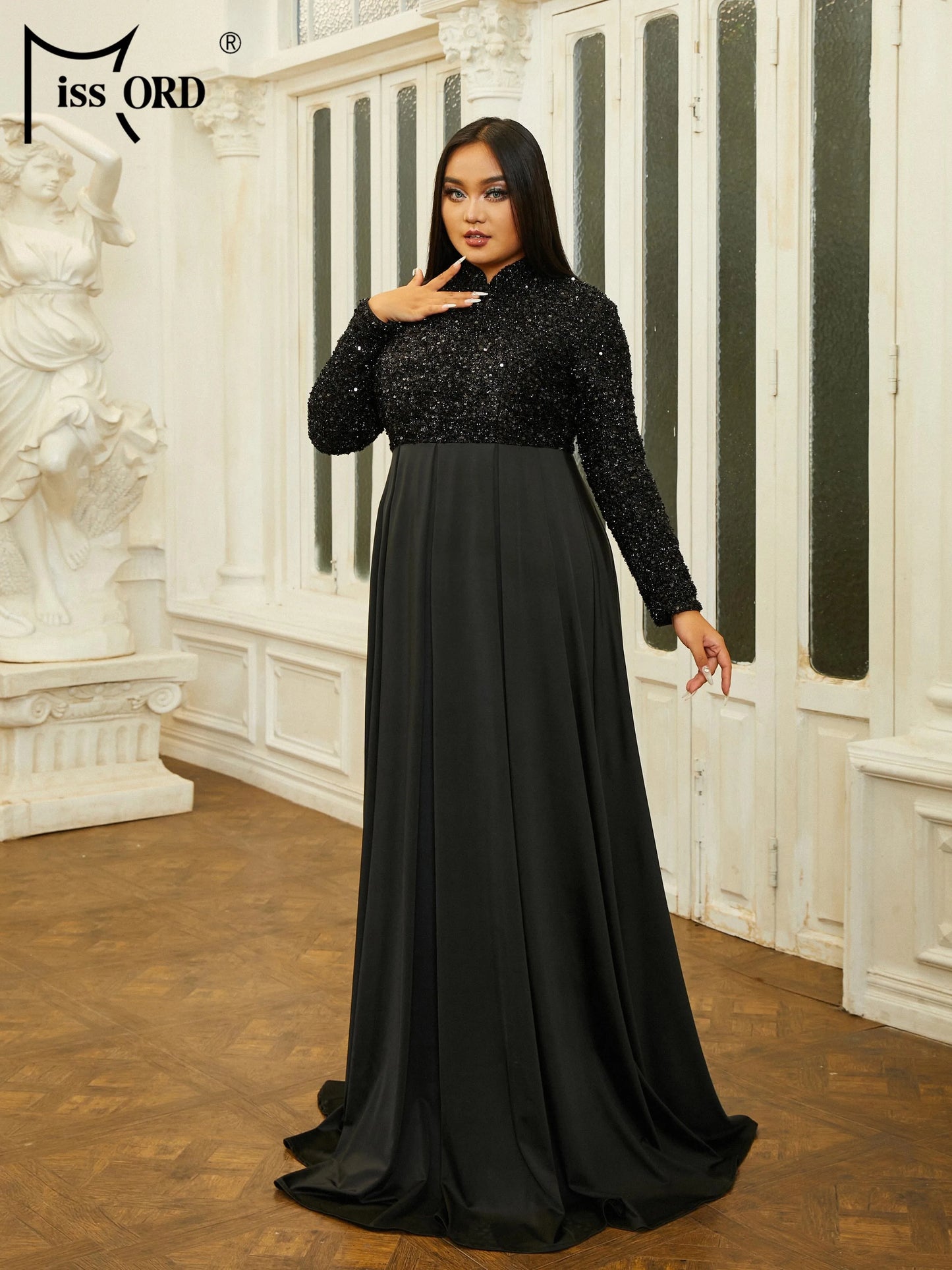 Momsey New Plus Size Black High Necked Long Sleeve Sequin A Line Evening Prom Dresses