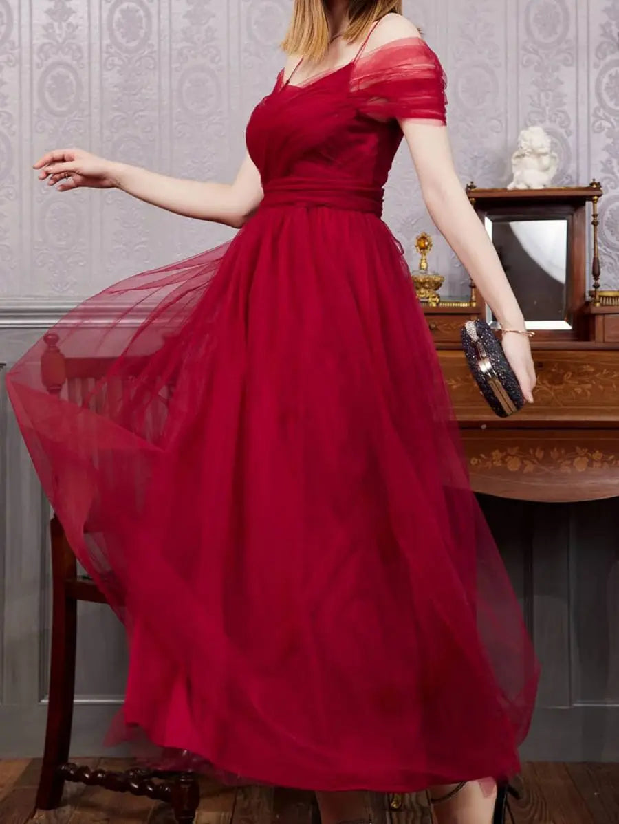 Maxy Women's Romantic Off Shoulder Ceremony Dresses Elegant Long Party Wedding Cocktail Bridesmaid Mesh Tulle Midi Wrap Gala Dress