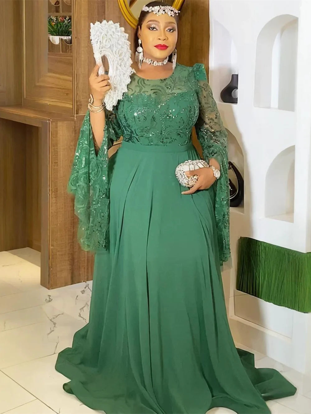 Maxy Plus Size African Wedding Party Dresses for Women Dashiki Sequin Long Sleeve Evening Gown Elegant Turkey Muslim Maxy Dress