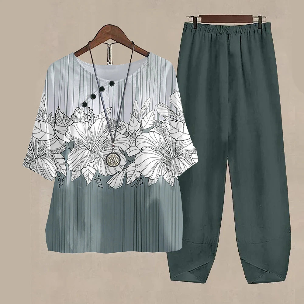 Maxy Leaf Printing Women O Neck Short Sleeve Suit Elegant High Waist Pants Fashion Top&Pants Set Casual Outfits Two Piece Sets Summer