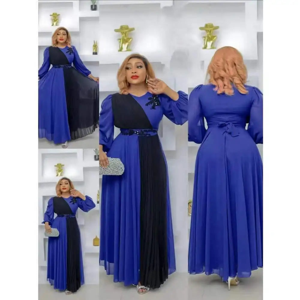 Amay Plus Loose Fitting Women's Patchwork Round Neck Long Sleeved Socialite High Waisted Dress Leisurely Vacation Robe
