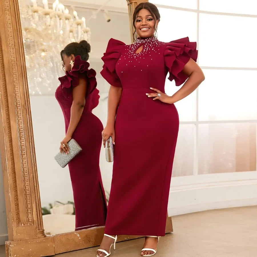 Maxy Customized Wedding Guest Dresses for Women Party Mock Neck Beads Ruffle Short Sleeve Birthday Elegant Summer Homecoming Prom Eve