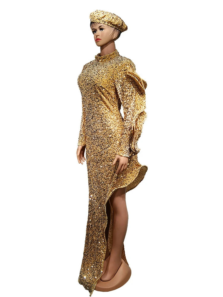 Babs Luxury Gold Sequin Dress with Hat High Neck Slit Floor Length Robes Long Sleeve Fall Winter Sparkly Party Evening Clothes