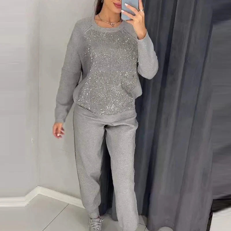 Maxy Fashion O-neck Long Sleeve Pullover & Long Pant Suit Casual Long Sleeve Solid Sweatshirt Set Elegant Sequin Patchwork Sport Set