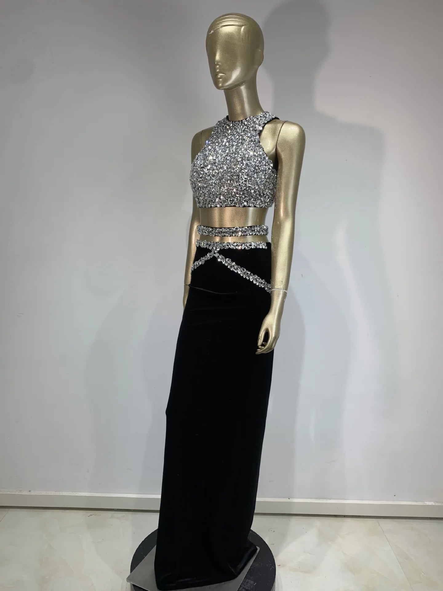 Maxy Women Luxury Party Outfits Rhinestones Crop Top and High Waist Long Skirt Two Piece Sets Birthday Celebrity Evening Garments