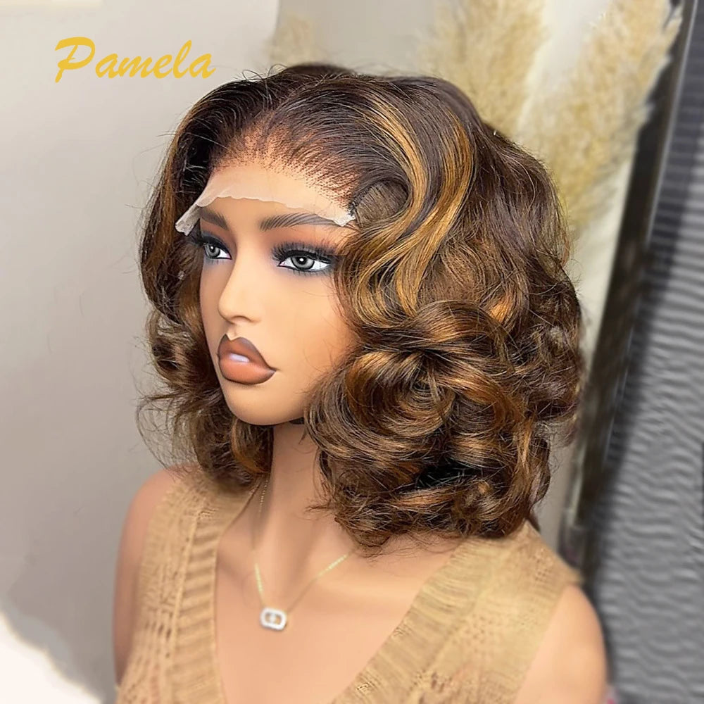 Maxy Ombre Blonde Short Bob 4x4 Glueless Human Hair Wigs 13x4 Transparent Lace Frontal Wigs Brown Loose Deep Wave Bob For Women