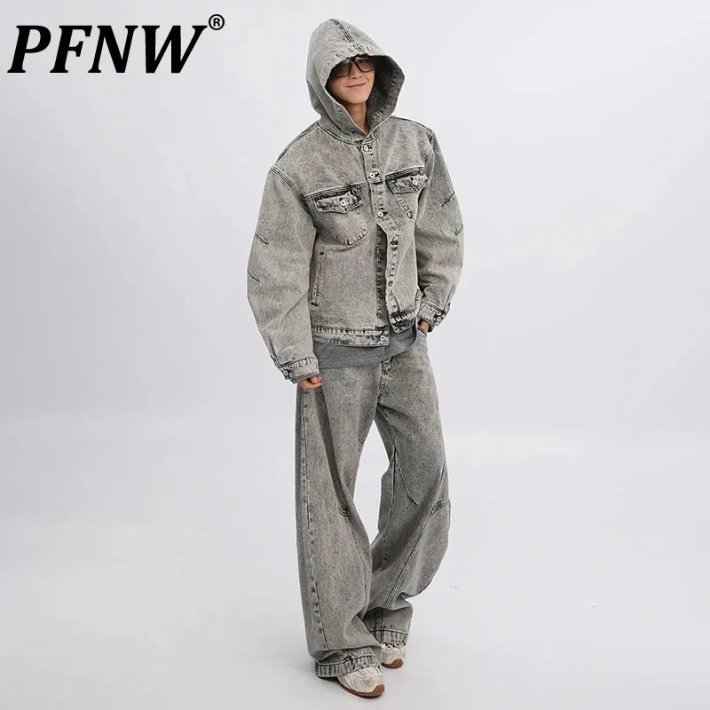 Maxy Men's Two-piece Set Korean Style Vintage Pleated Single Breasted Hooded Denim Jacket High Street Wide Leg Pants 28W5303