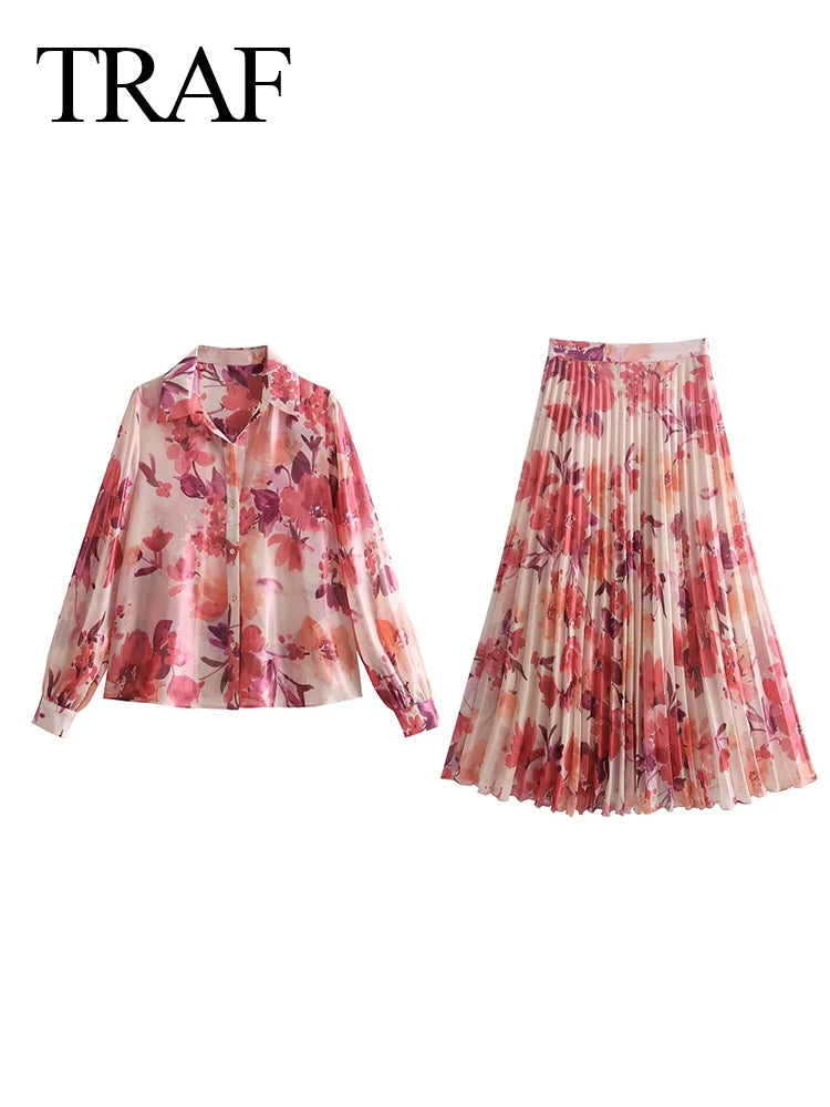 Maxy Spring Women Pink Print Short Sleeve Casual Blouses Women Button up Shirt+ A-Line Pleated Skirt Set For Beach Style