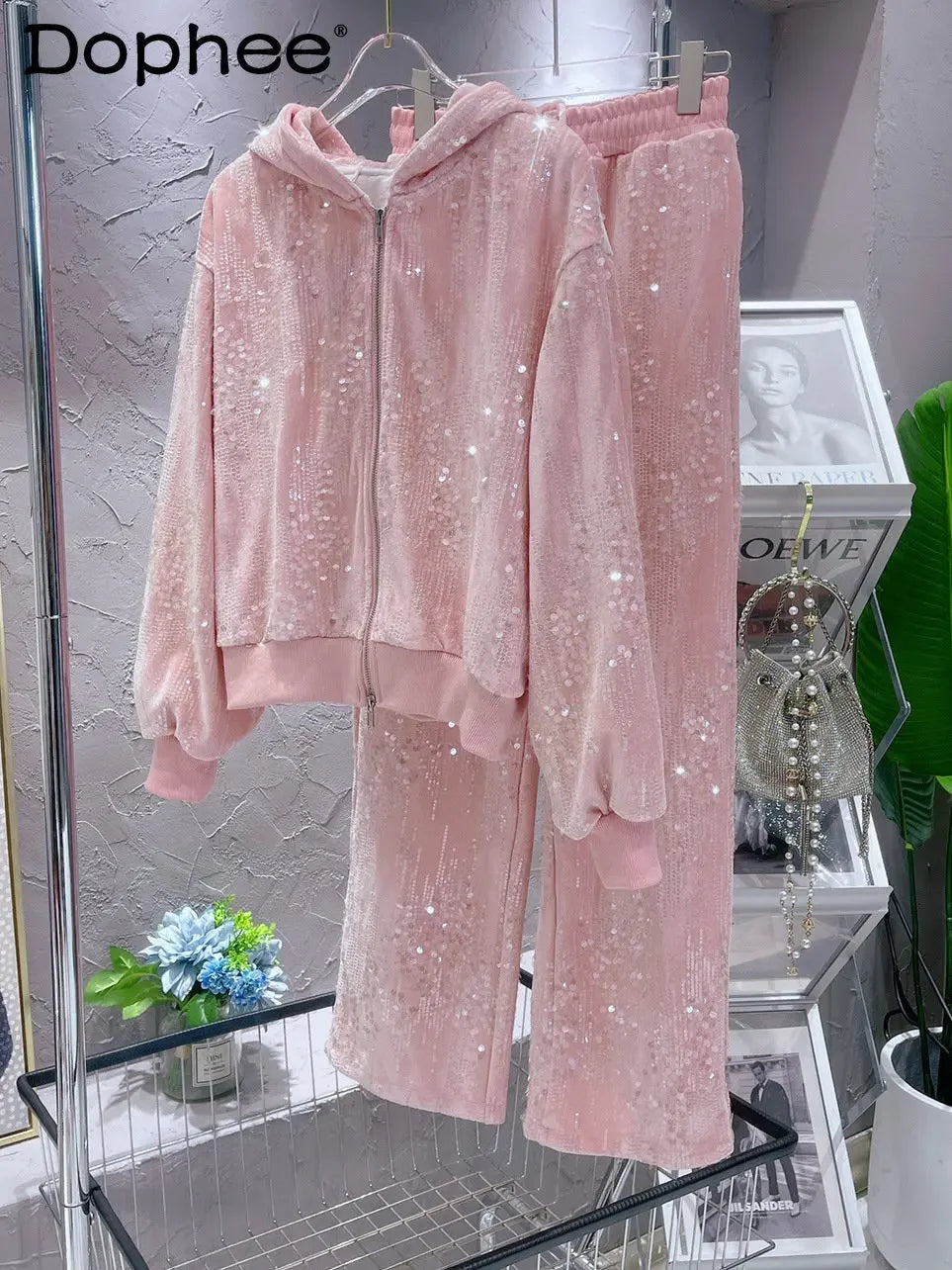 Maxy Fashion Pink Casual Suit for Women Autumn Winter New Gold Velvet Sequins Pearl Embroidery Sweatshirt Sports Pants Two-Piece Sets