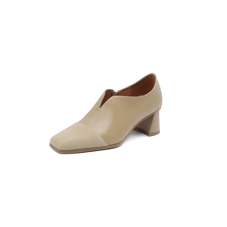 Maxy Autumn Genuine Leather Loafers French Square Toe Chunky Heel High Heels Winter Women Pumps Shoes For Women Zaptos Mujer