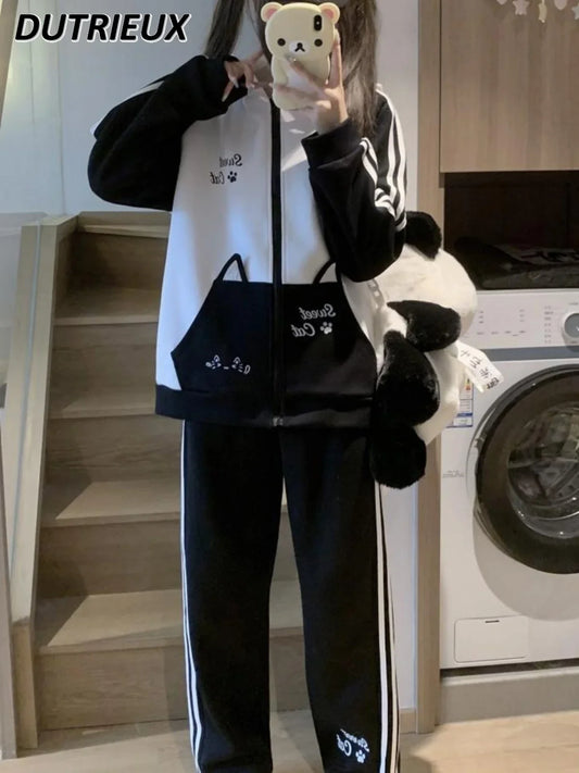 Maxy Fashion pants suit Autumn and Winter Sweet Sports Suit Female Japanese College Style Hooded Thickened Two-piece Set for Women