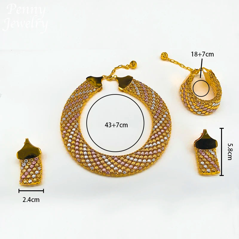 Trendy African Jewelry Set for Women Chunky Necklace Earrings Bracelet Dubai 18K Gold Plated Fashion Jewellery for Party Wedding