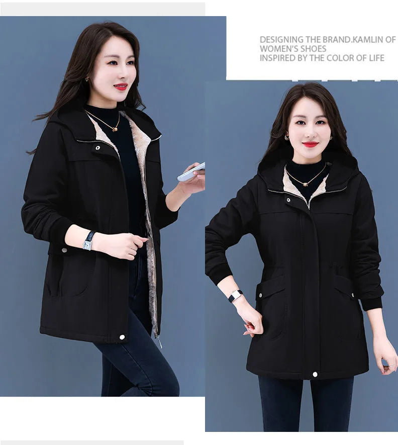Maxy Casual Plus Velvet Warm Winter Trench Coat For Women Slim Hooded Thicken Cotton Jacket Female Snow Wear Overcoat.