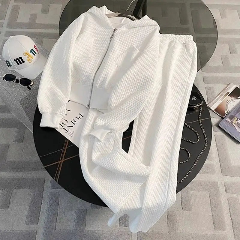 White Casual Sports Suit New Women's Loose and Age Reducing Thin Style Long Sleeved Hooded Sweatshirt Long Pants Two-piece Set