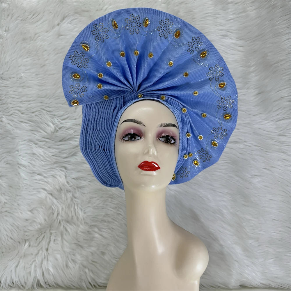 Maxy Luxury African Women’s Sego Head tie Crystal Stone Aso Oke Gele Aso Ebi Already Made Headtie Turban Cap Women Head Wear