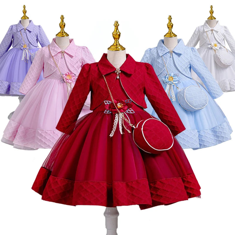 Babs 3Piece Fashion Girls Wedding Bridesmaid Full Sleeve Coat + Dress + Bag Clothing Set Formal Occasion Children's Communion Dresses