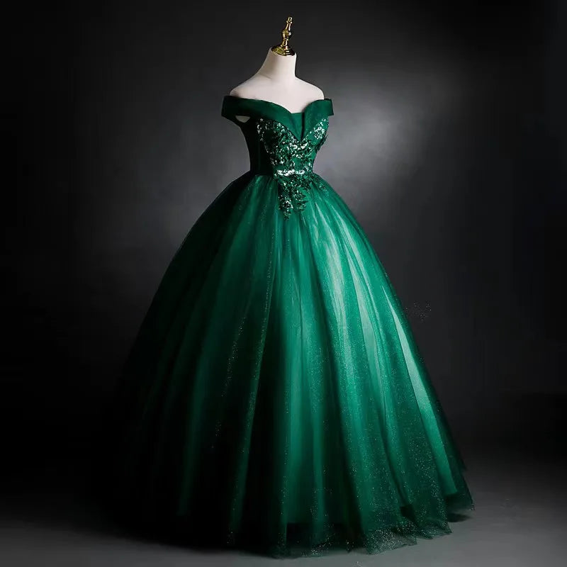 Maxy Dark Green Mexican Quinceanera Dresses Ball Gown Off the Shoulder Sequined Beading Tulle Birthday Vestidos De XV Anos Ball Gowns