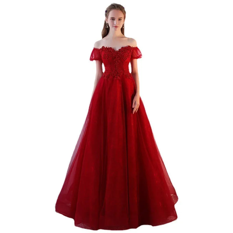 Maxy New Women's Autumn Embroidered Mesh High Waist Evening Dress Fashionable Look Thin Cover Belly Red Wedding Long Dress