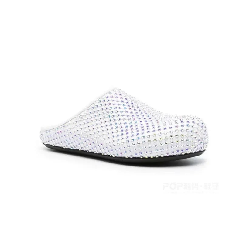 Babs Personalized Rhinestone Slippers Large Size Round Toe Black and White Flats Women Round Toe Shoes