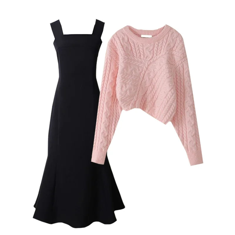 Maxy New Winter Creative Asymmetric Thickened Knit Sweater Pullover Slim Sling Dress Two-piece Elegant Women's Skirt Set Outfit