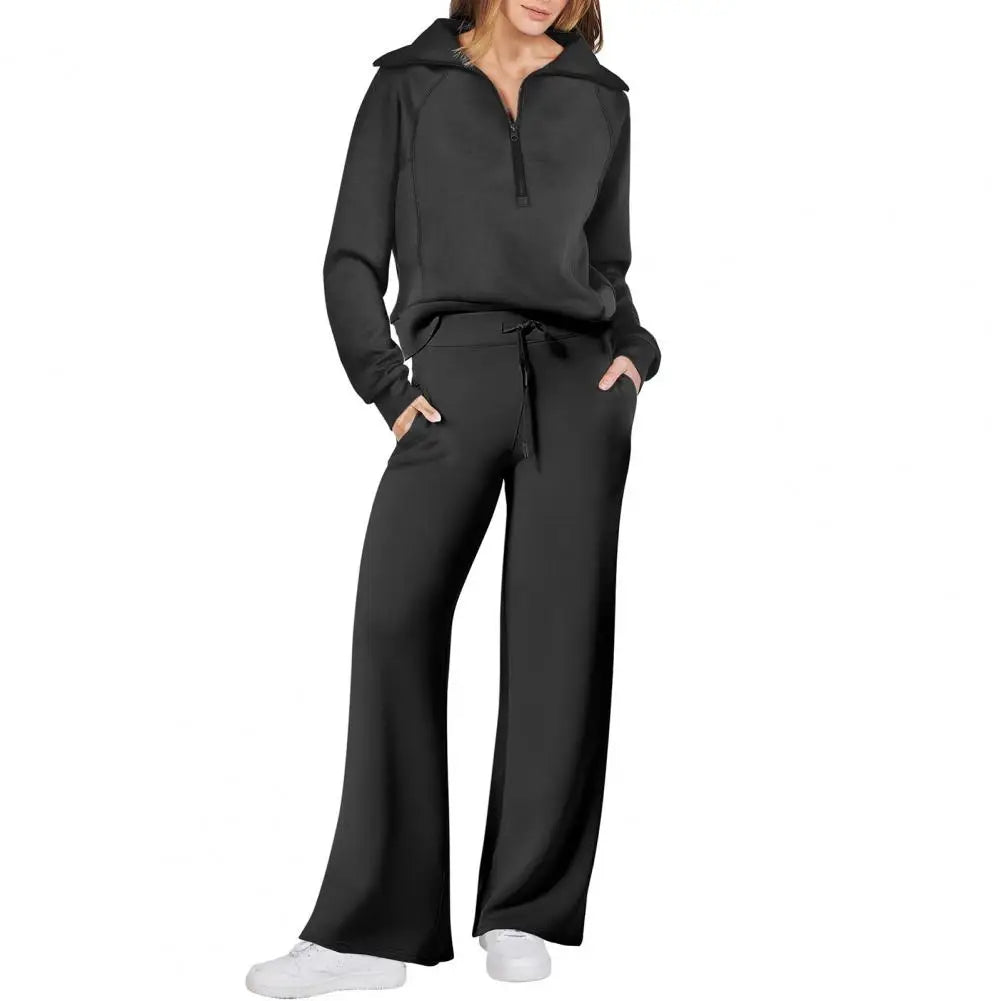 Oversized Sweatshirt Pants Set Women Two-piece Casual Suit Thick Loose Solid Color Tracksuit Set with Lapel Coat Wide for Fall