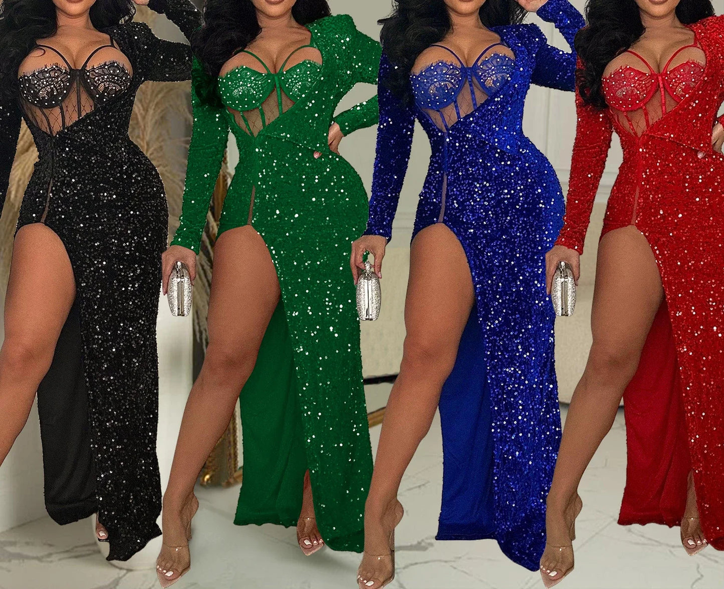 Amay Luxury Dresses Women Sequin Elegant Party Dresses Woman Long Slit Dress Sexy Cocktail Prom Formal Evening Dresses HXY518