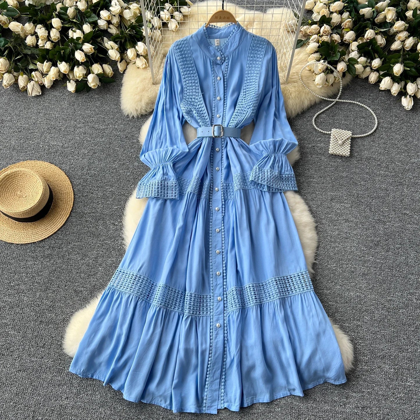 Maxy Retro Elegant Summer Stand Collar Flare Sleeve Single Breasted Lace Spliced Dress A-line French Evening Party Women Dresses