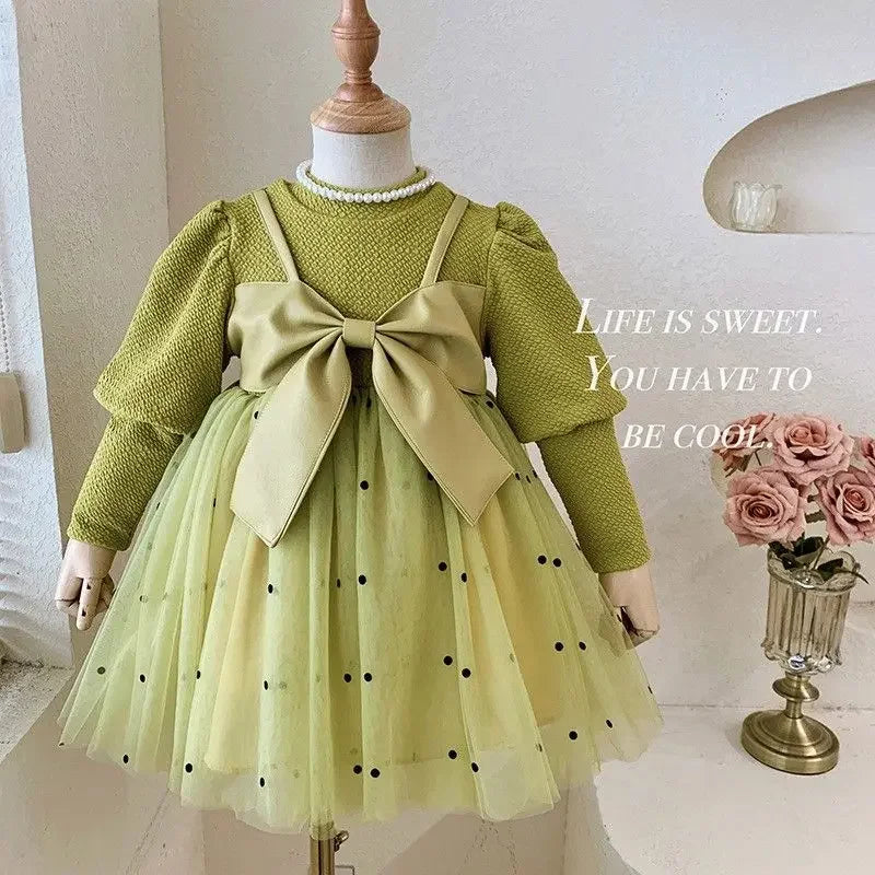 Maxy Children's Clothing Fake Two Pieces Solid Korean Kids Round Neck Patchwork Big Bow Long Sleeve Girls Party Fluffy Yarn Dresses