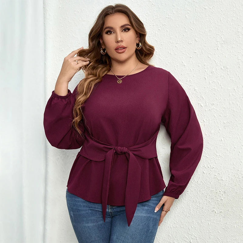 Maxy Plus Size Women Clothing O-Neck Solid Tops Fashion Elegant Long Sleeve Office Female Casual Large Size Lady Blouses