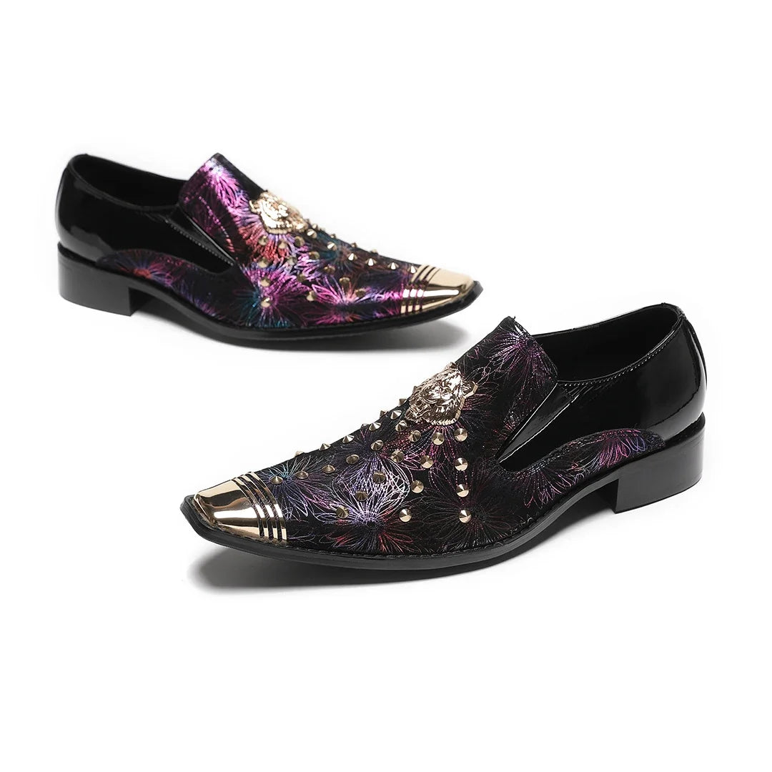 Maxy Fashion Rivet Prints Business Formal Shoes Luxury Design Metal Pointed Toe Genuine Leather Shoes Male Handmade Party Dress Shoes