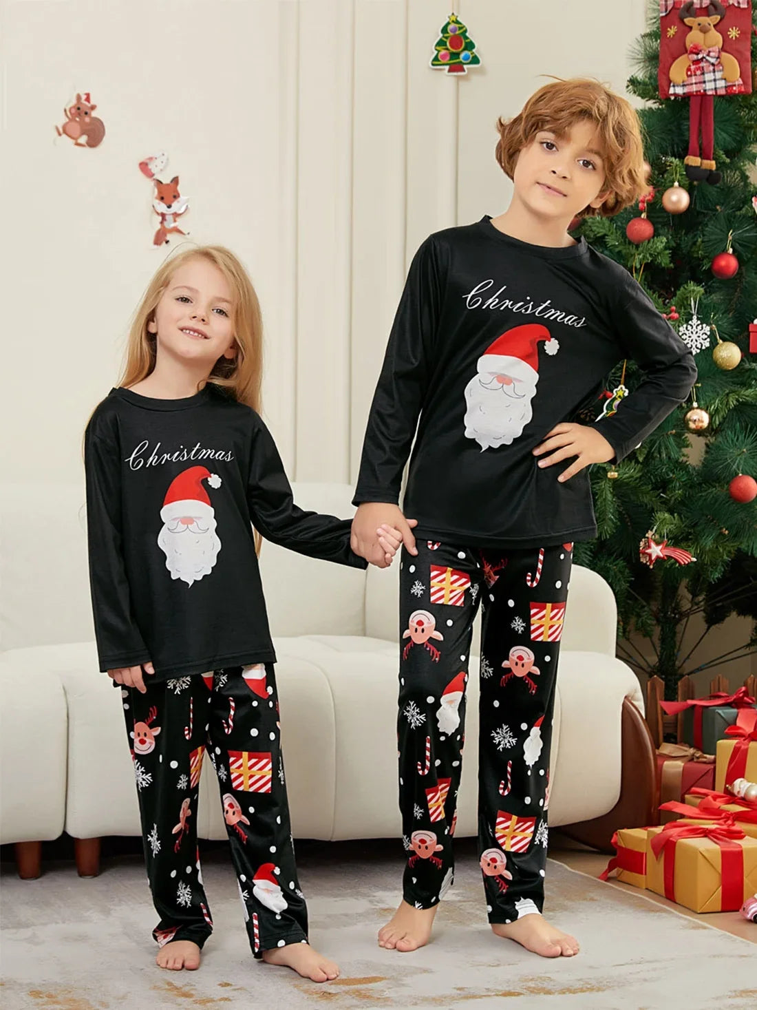 Merry Christmas Family Clothes Santa Claus Print Adults Kids Clothing Sets Baby&Dog Romper Soft Casual Homewear Look Pyjama