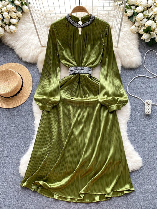 Maxy New Casual Spring Autumn Solid Slim Full Lady Dress A Line O Neck Chiffon Pullover Mid-Calf Women Dresses