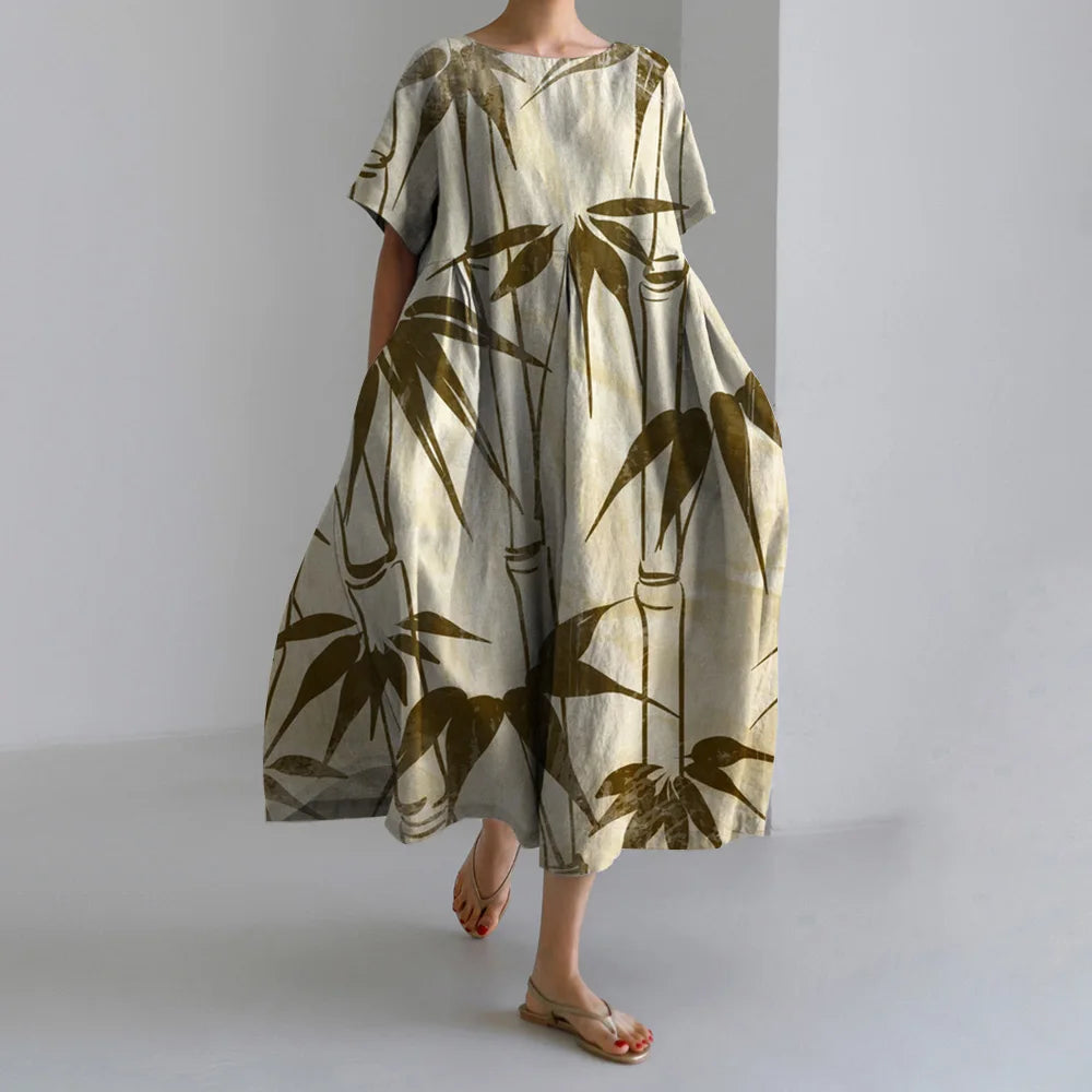 Maxy Summer New Bohemian Casual Dresses Vintage Women's Cotton Printed Dresses Womens Floral Long Dresses Round Neck Pullover Dresses