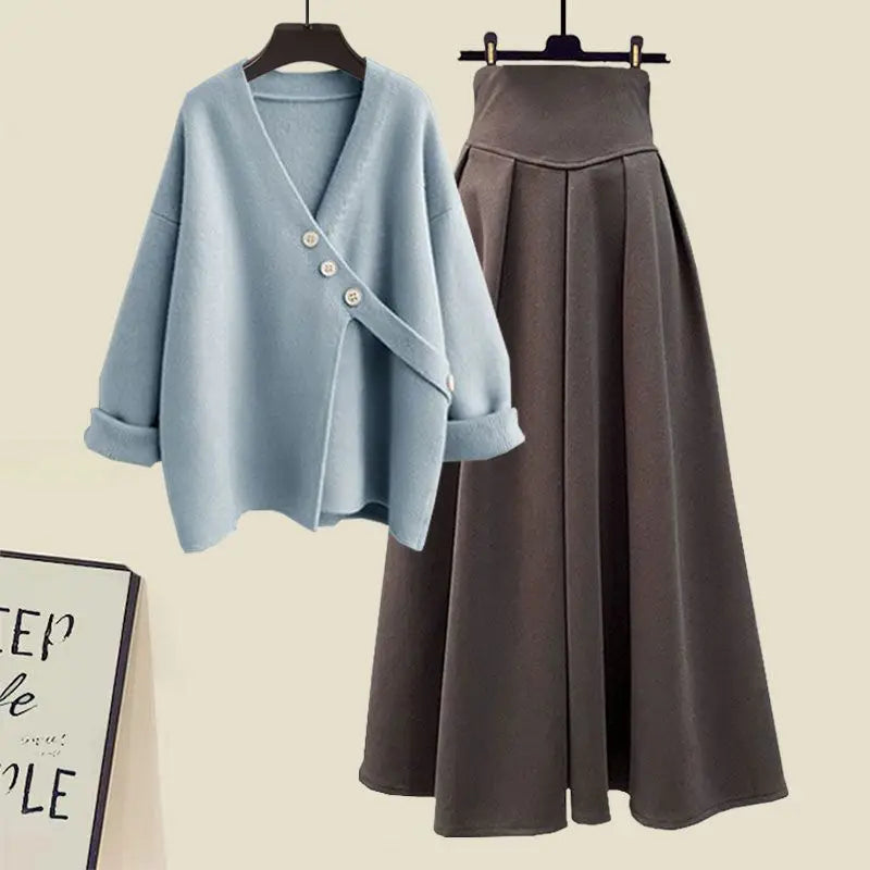 Amay Autumn and Winter Fashion Women's Set New Korean Knitted Sweater Sweater Age Reducing Slim Half Skirt Two Piece Set