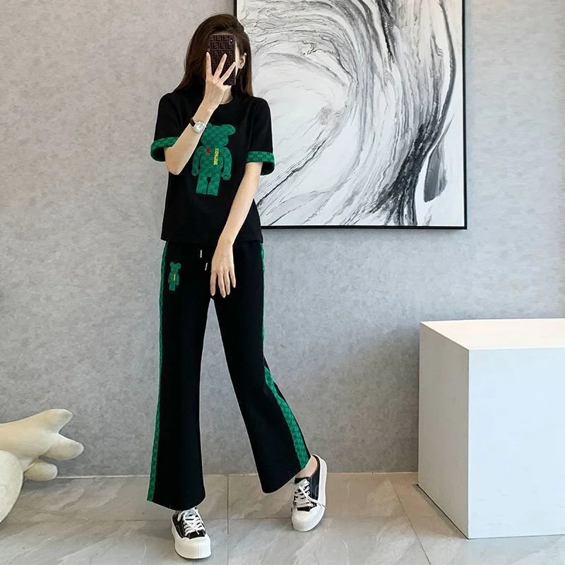 Amay Women's Sweat Suit Spring Summer New Fashion Korean Short Sleeved T-shirt Tops Pants 2 Two Piece Set Female Casual Clothes