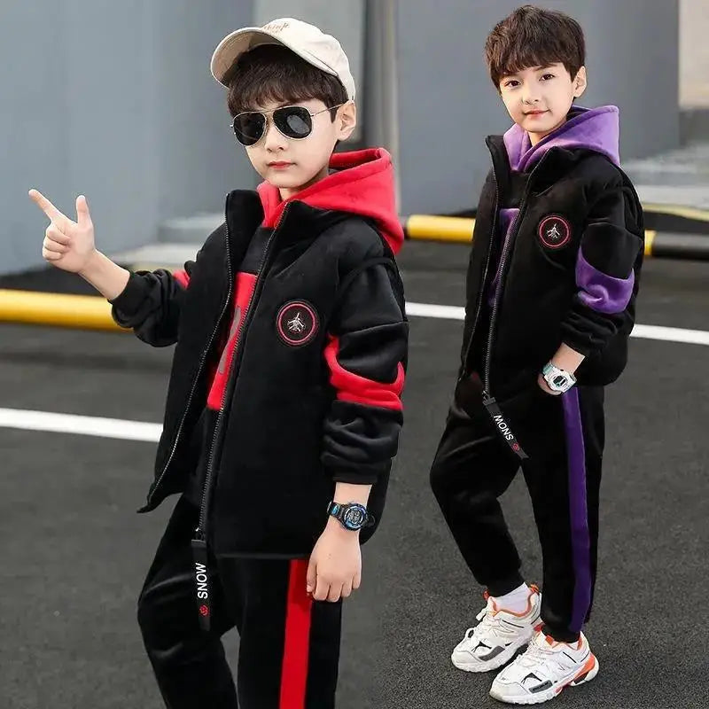 Maxy 2024 winter Boys tracksuit Autumn Toddler Teenager Clothes vest velvet jacket + Sweatishrt hooded + Pant Children Kids 4 12 year