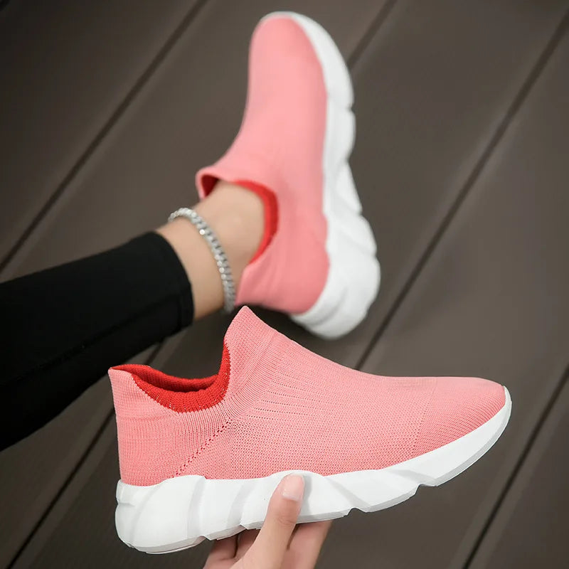 Maxy New Pink Women's Casual Sneakers Large Size 36-42 Comfort Breathable Socks Shoes For Women Slip-On Platform Loafer Shoes Womens