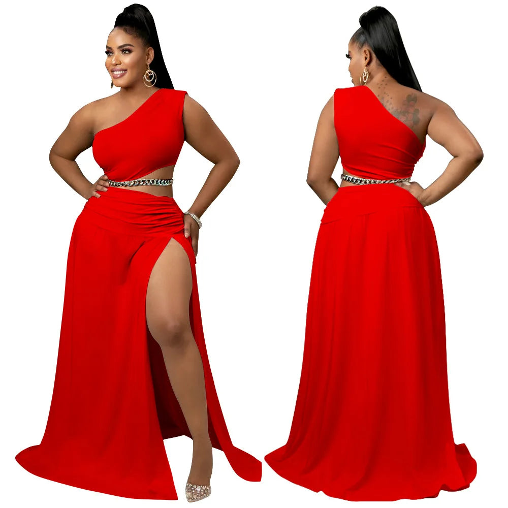 Maxy Women Clothes Set Sexy One Shoulder Crop Top Side Split A Line Skirt Beach Party Two Pieces Set Summer